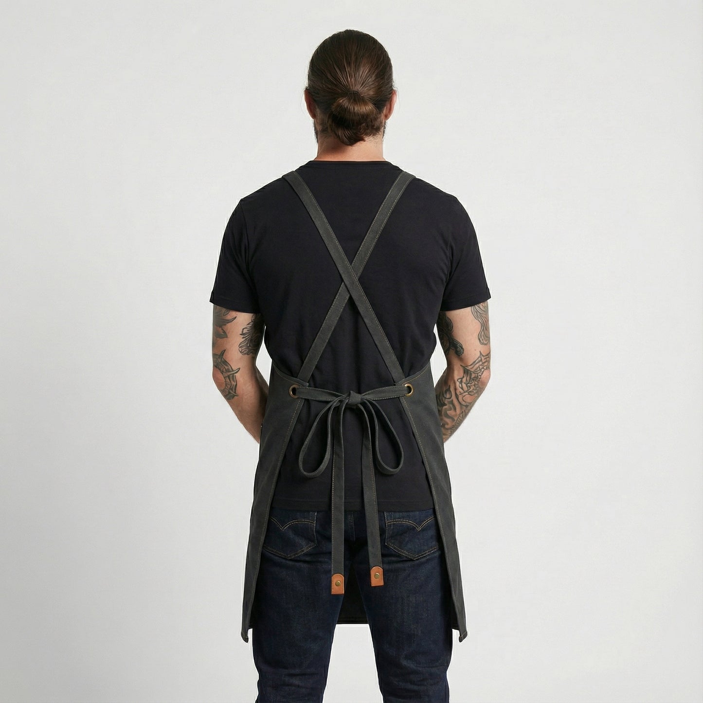 Canvas Apron with Faux Leather Pad 3 Pockets - Black