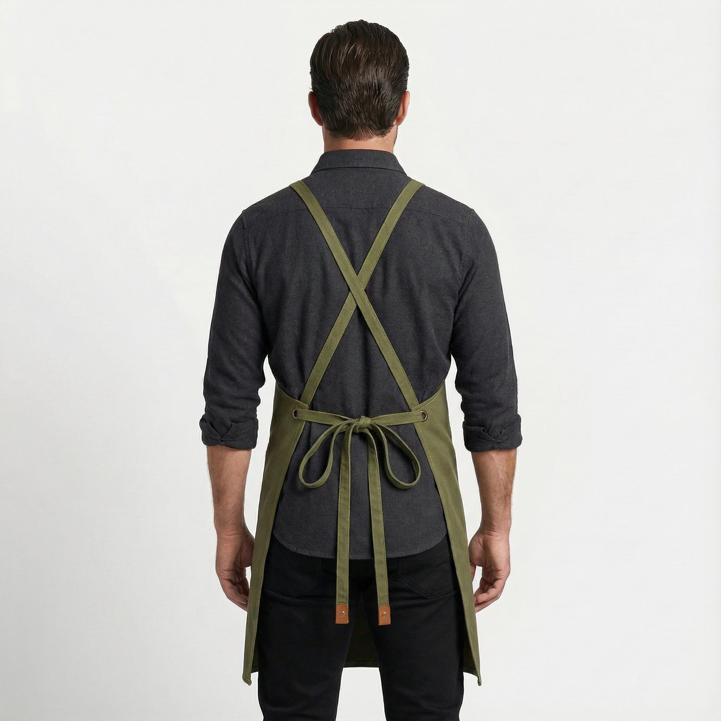 Canvas Apron with Faux Leather Pad 3 Pockets - Olive Green