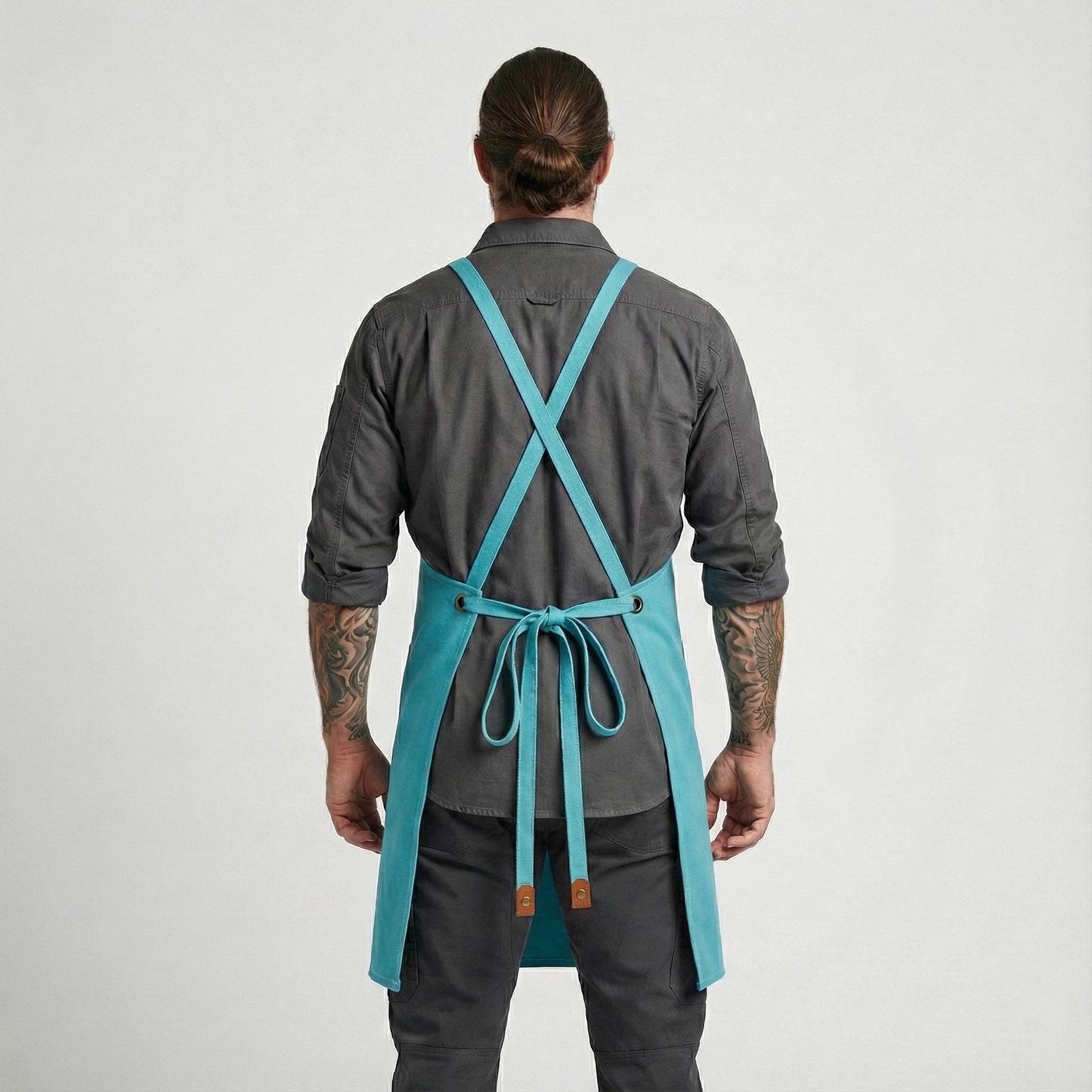 Canvas Apron with Faux Leather Pad 3 Pockets - Aqua Blue
