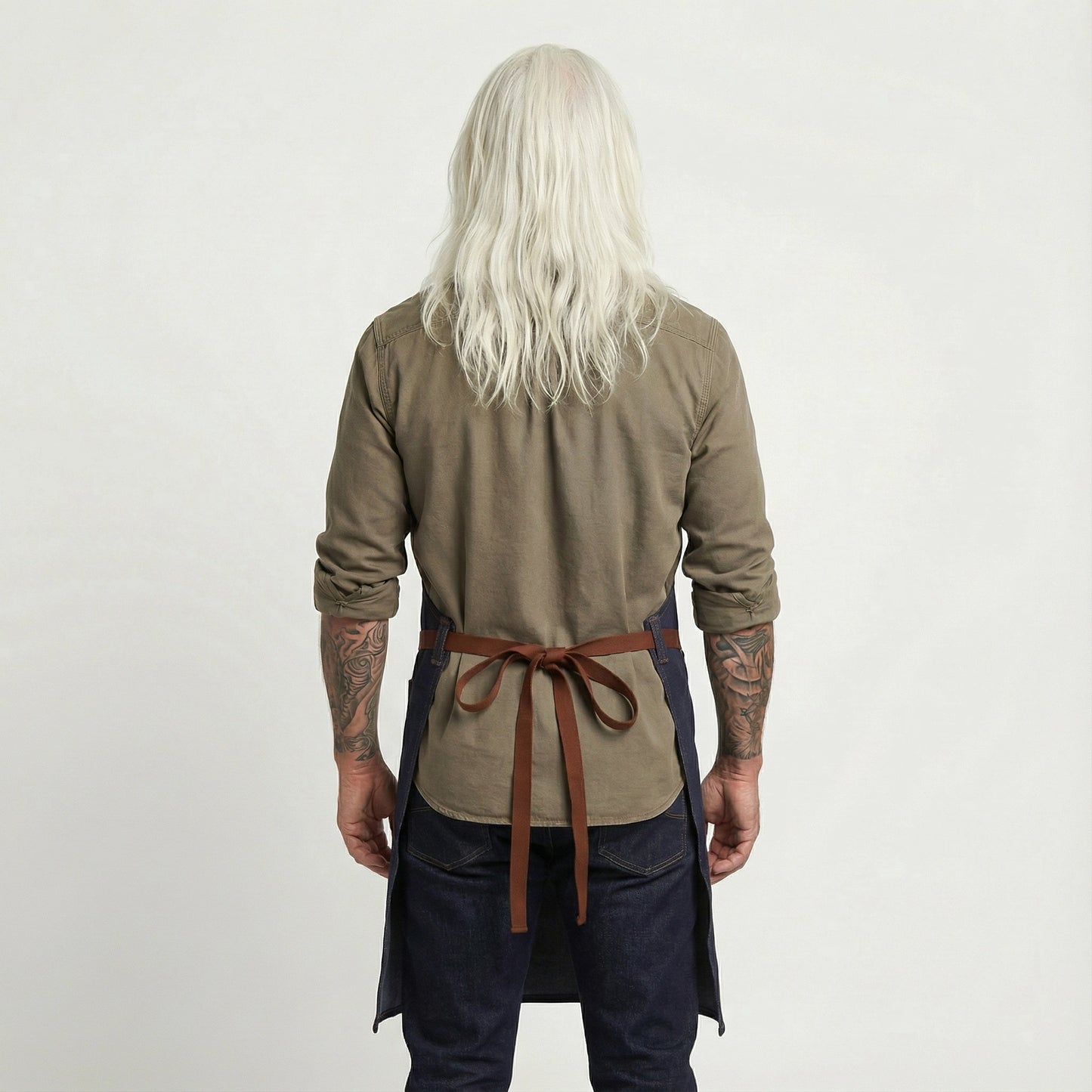 Denim Bib Apron With Cotton Webbing Strap and Towel Ring - Blue