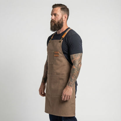 Canvas Apron with Faux Leather Pad 3 Pockets - Brown