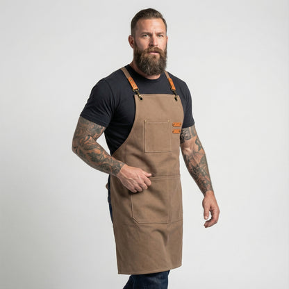 Canvas Apron with Faux Leather Pad 3 Pockets - Brown