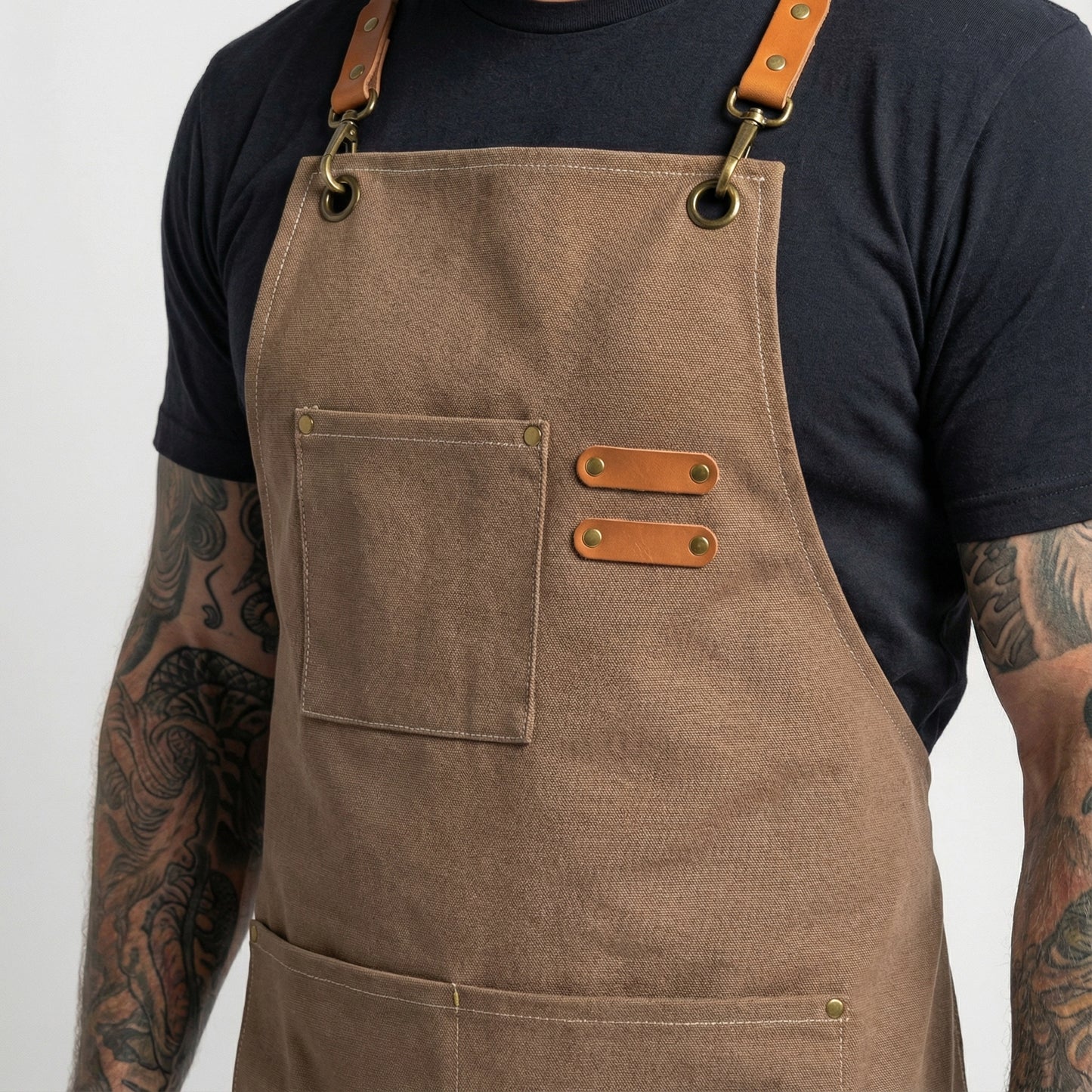 Canvas Apron with Faux Leather Pad 3 Pockets - Brown