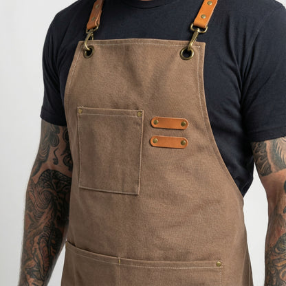 Canvas Apron with Faux Leather Pad 3 Pockets - Brown