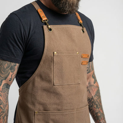 Canvas Apron with Faux Leather Pad 3 Pockets - Brown