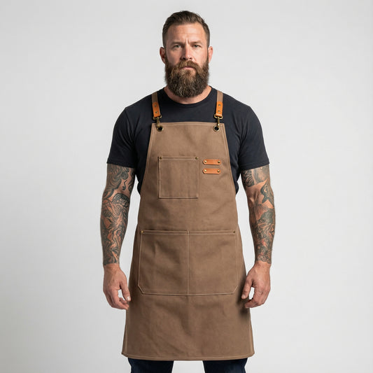 Canvas Apron with Faux Leather Pad 3 Pockets - Brown