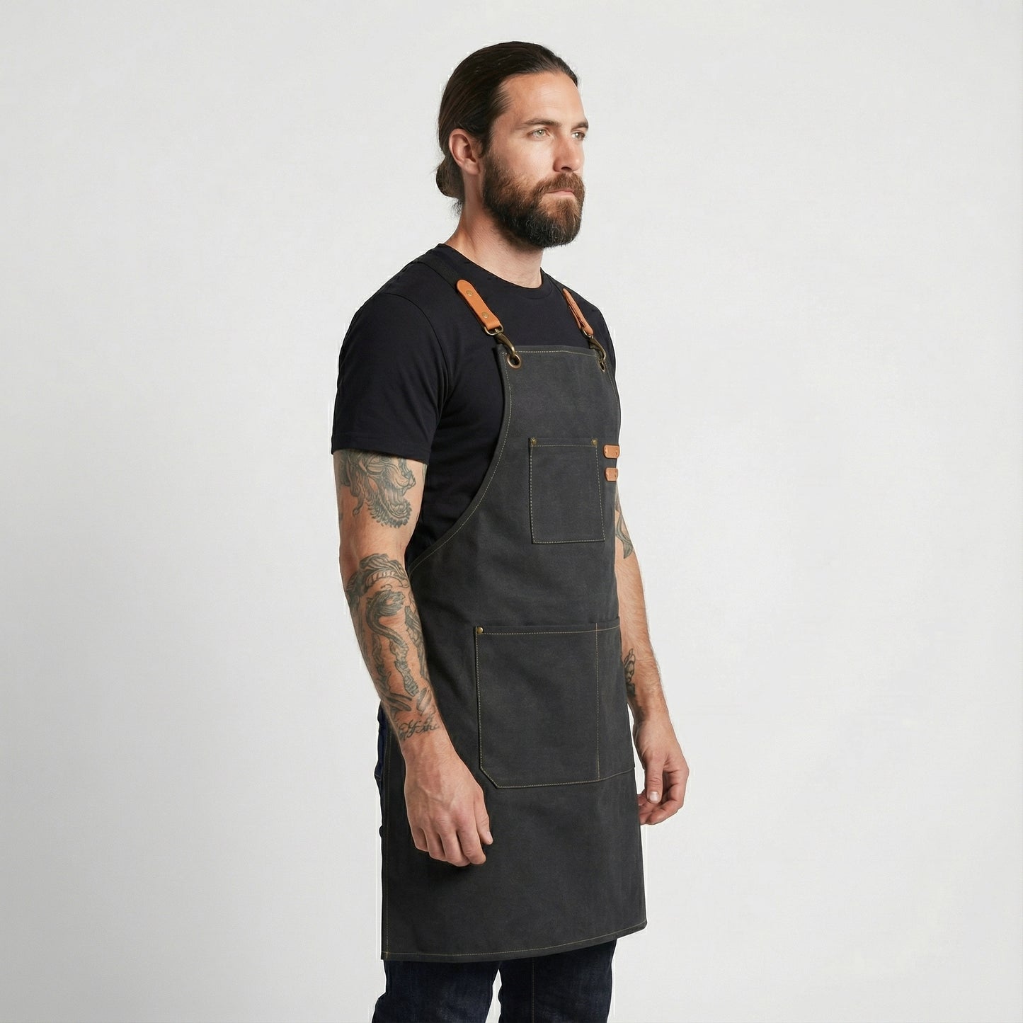 Canvas Apron with Faux Leather Pad 3 Pockets - Black