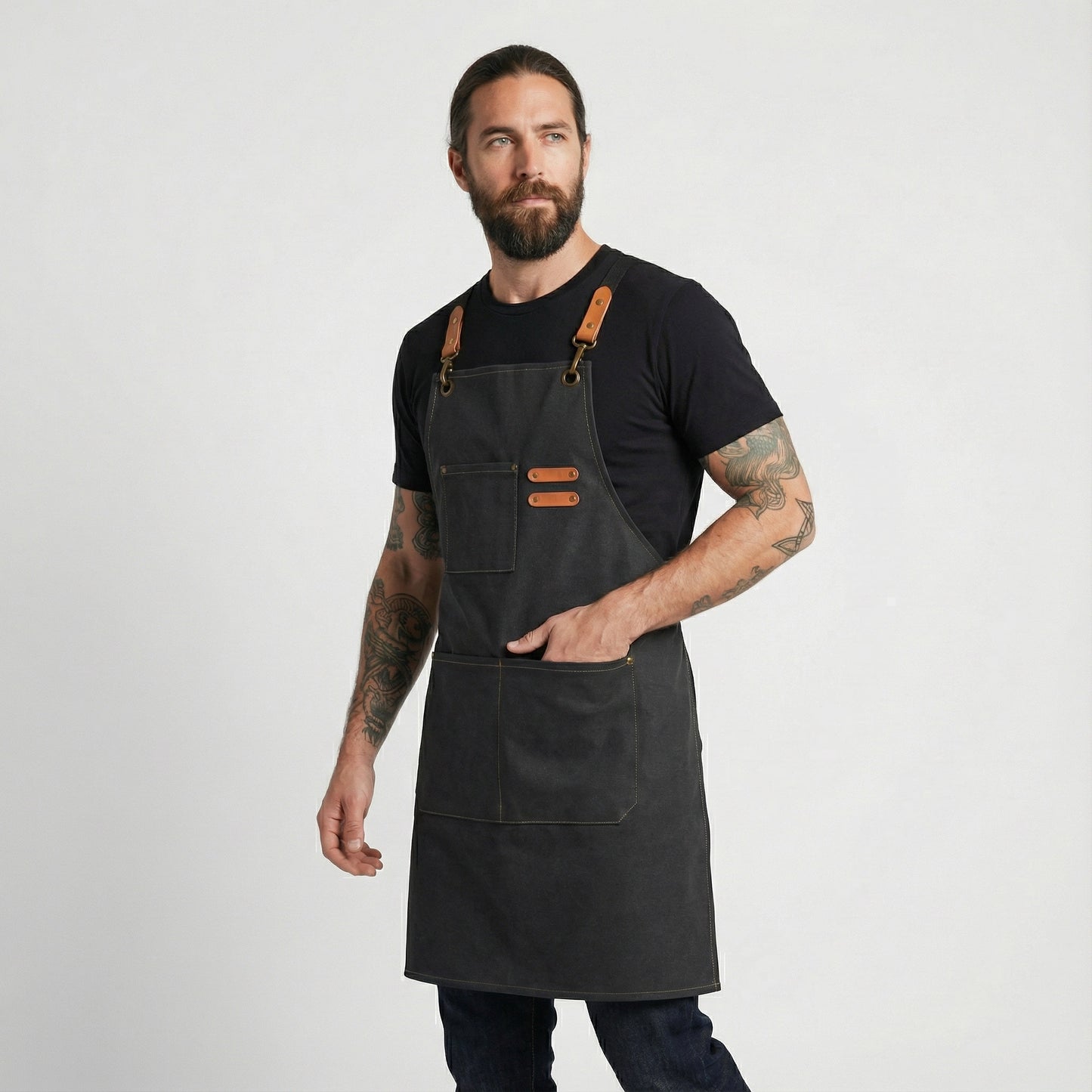 Canvas Apron with Faux Leather Pad 3 Pockets - Black