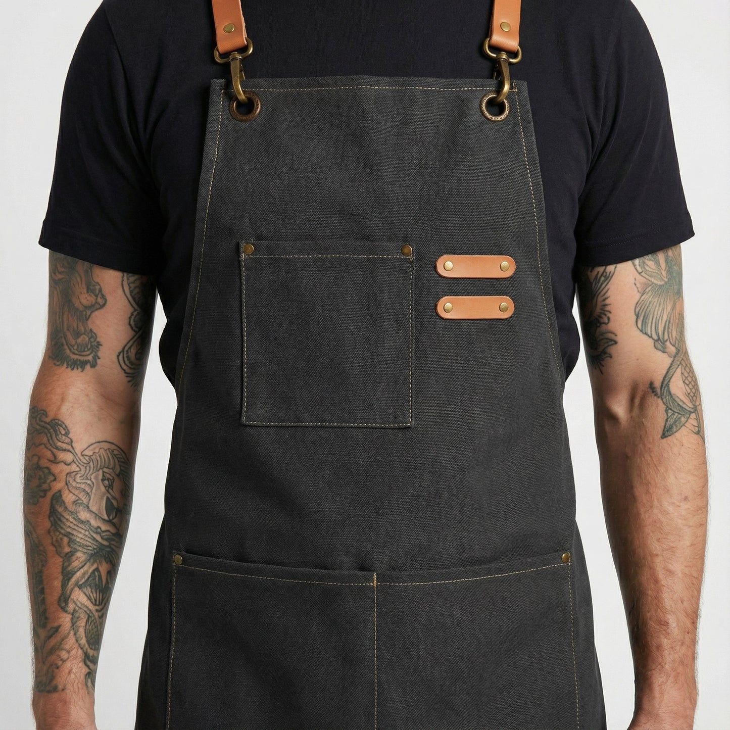 Canvas Apron with Faux Leather Pad 3 Pockets - Black