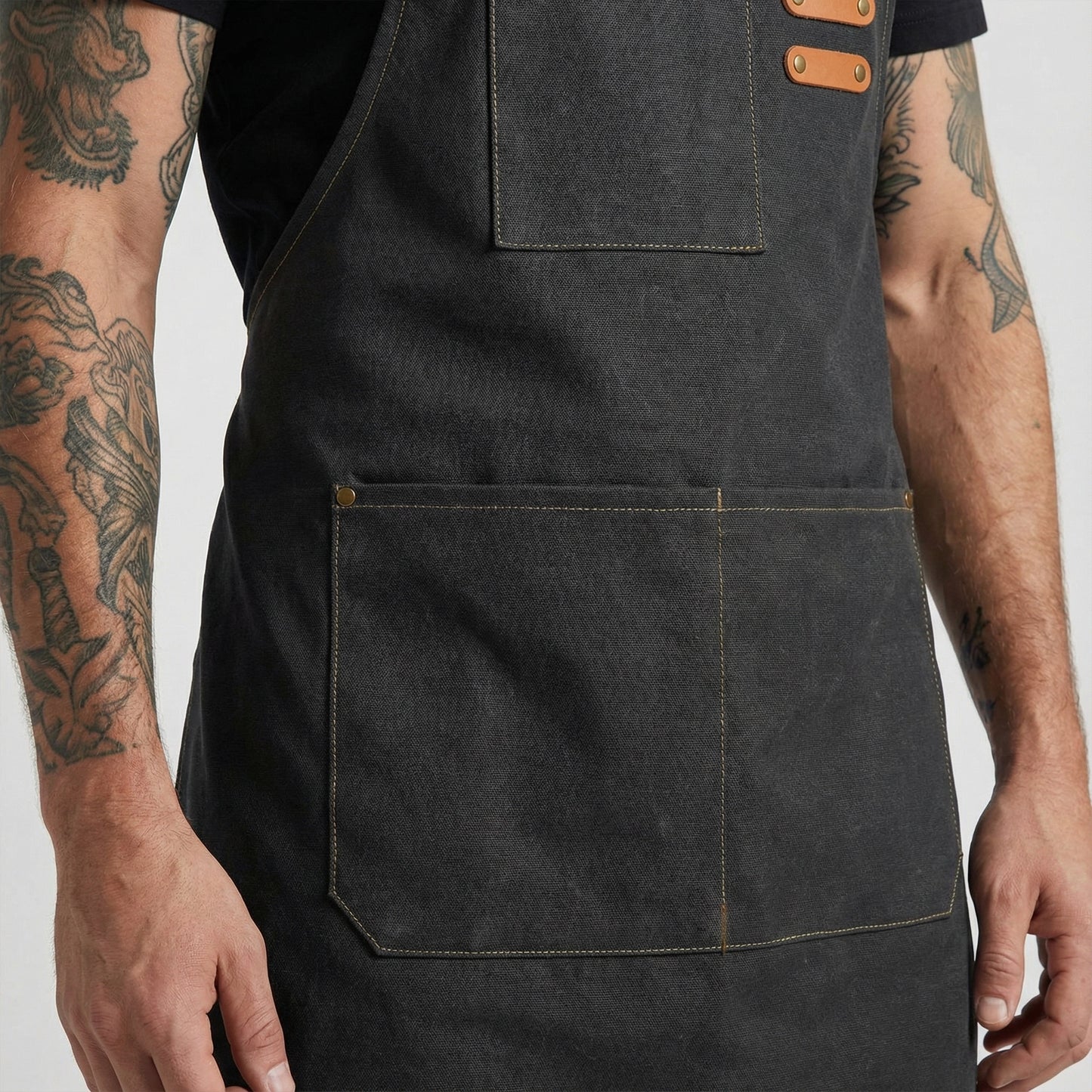 Canvas Apron with Faux Leather Pad 3 Pockets - Black