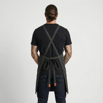Canvas Apron with Faux Leather Pad 3 Pockets - Black