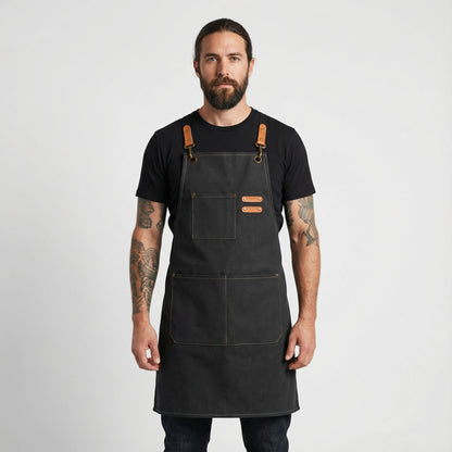 Canvas Apron with Faux Leather Pad 3 Pockets - Black