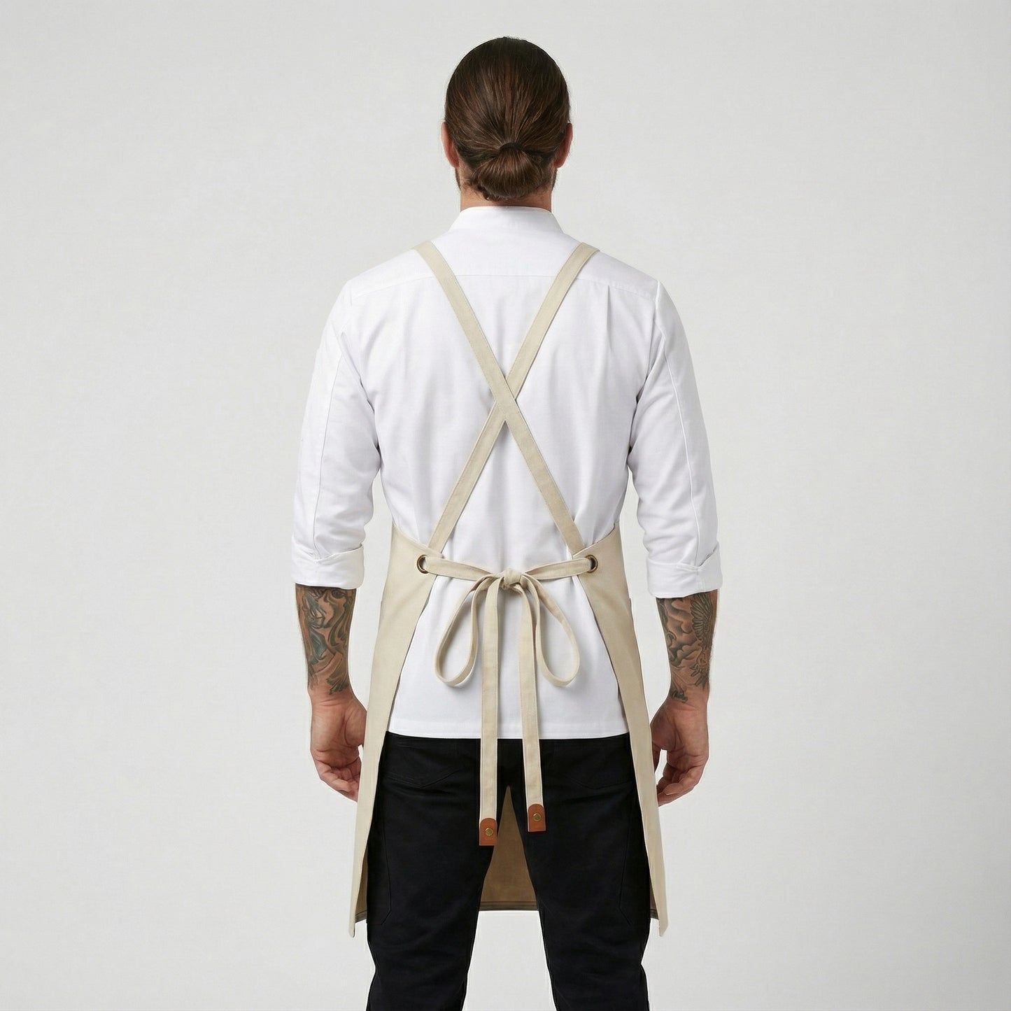 Canvas Apron with Faux Leather Pad 3 Pockets - Cream