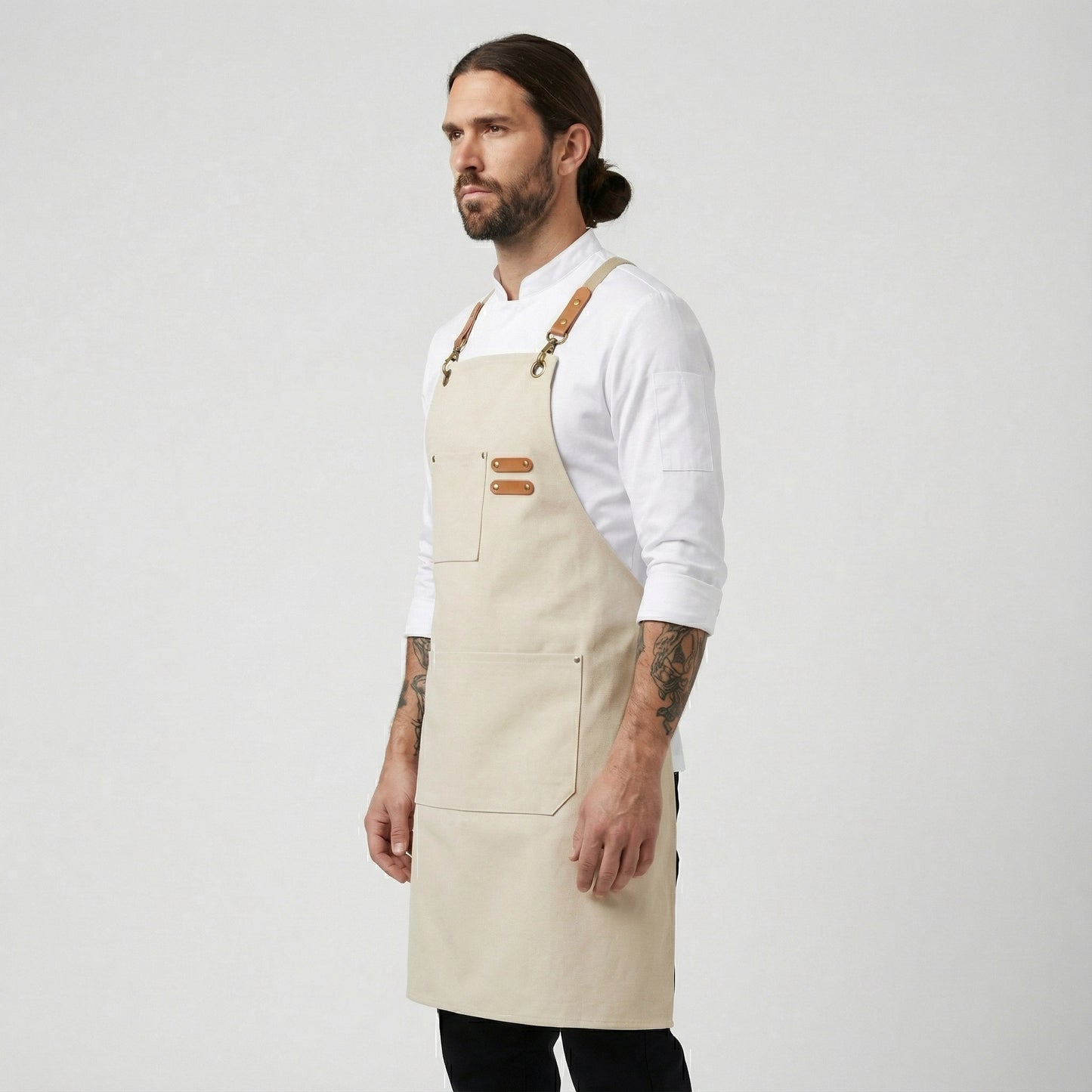 Canvas Apron with Faux Leather Pad 3 Pockets - Cream