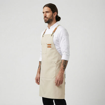 Canvas Apron with Faux Leather Pad 3 Pockets - Cream
