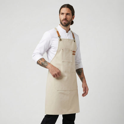 Canvas Apron with Faux Leather Pad 3 Pockets - Cream