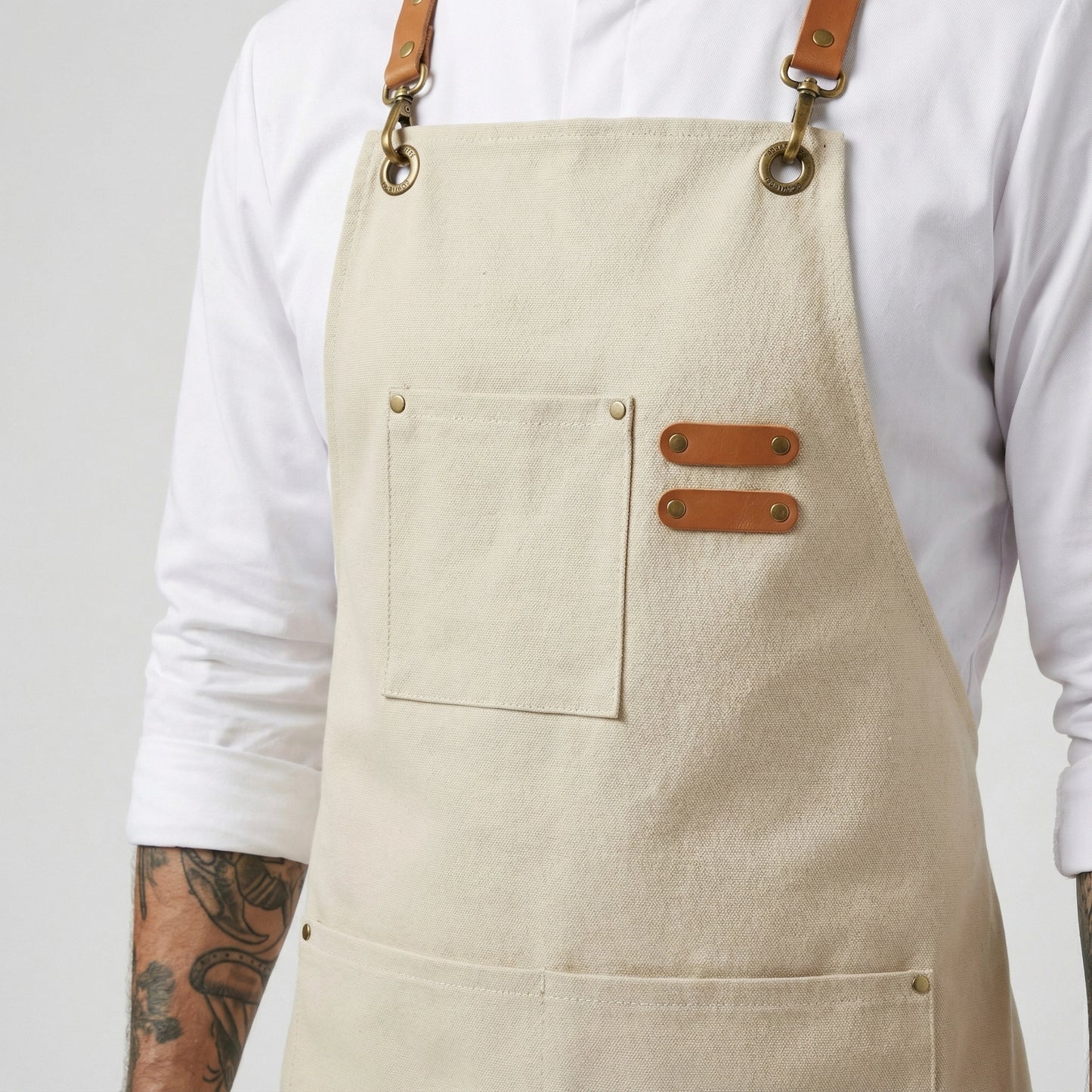 Canvas Apron with Faux Leather Pad 3 Pockets - Cream