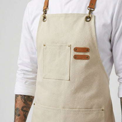 Canvas Apron with Faux Leather Pad 3 Pockets - Cream