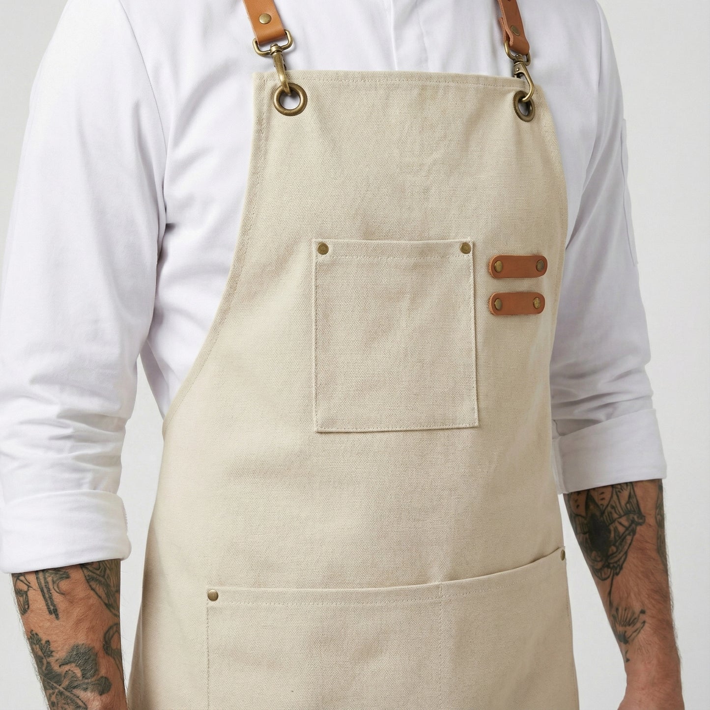 Canvas Apron with Faux Leather Pad 3 Pockets - Cream