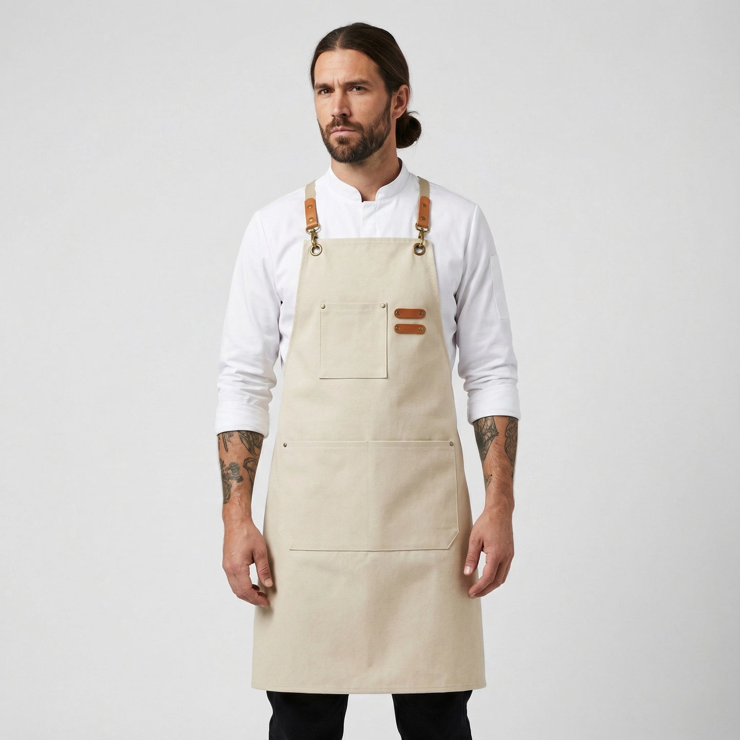 Canvas Apron with Faux Leather Pad 3 Pockets - Cream