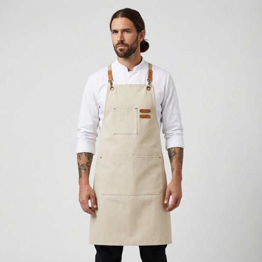 Canvas Apron with Faux Leather Pad 3 Pockets - Cream