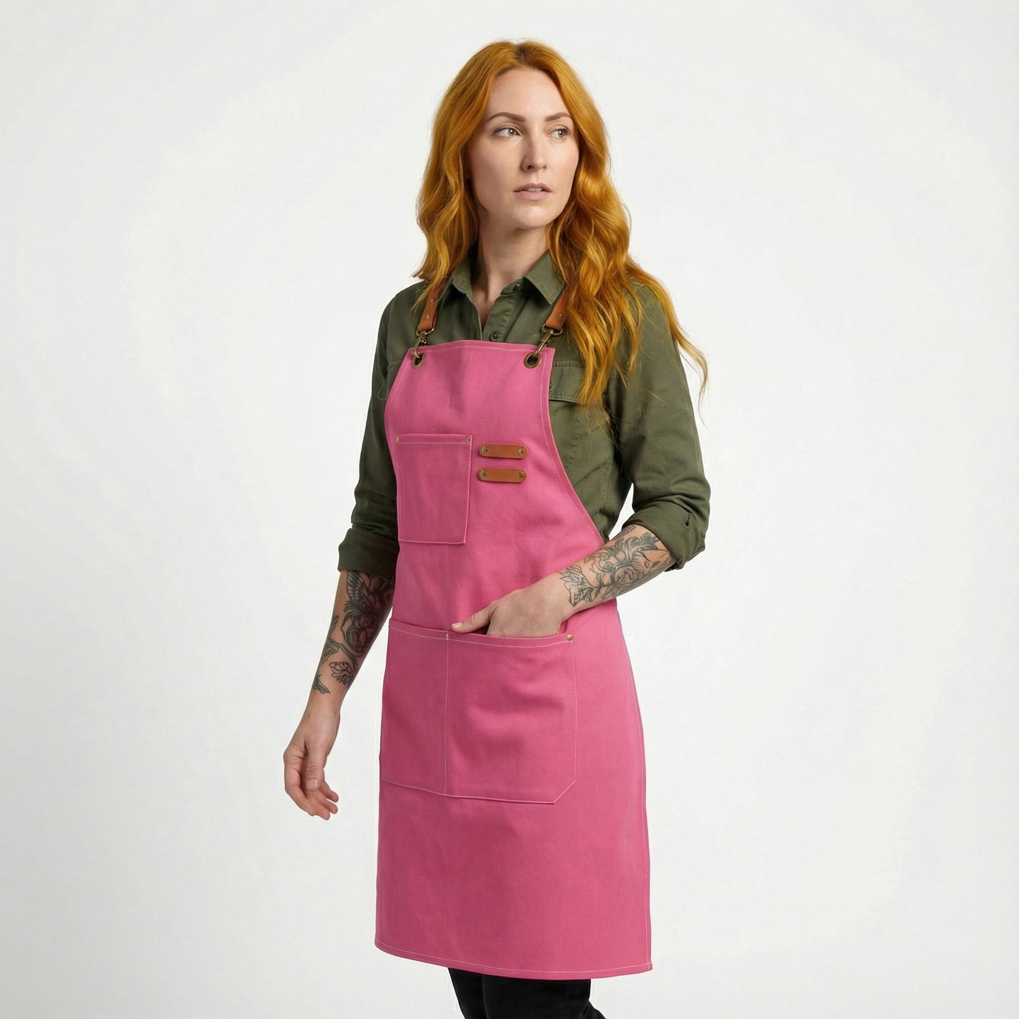 Canvas Apron with Faux Leather Pad 3 Pockets - Hot Pink