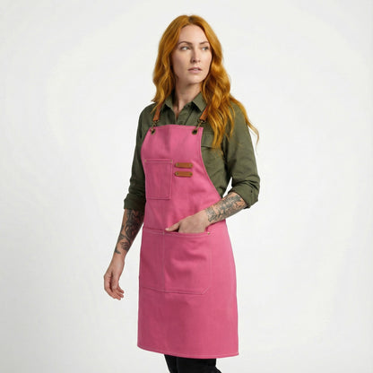 Canvas Apron with Faux Leather Pad 3 Pockets - Hot Pink