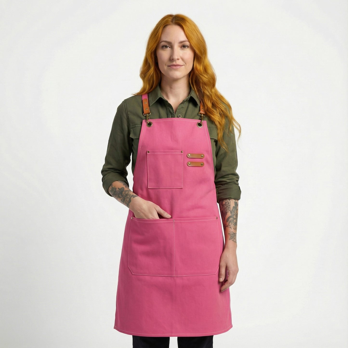 Canvas Apron with Faux Leather Pad 3 Pockets - Hot Pink