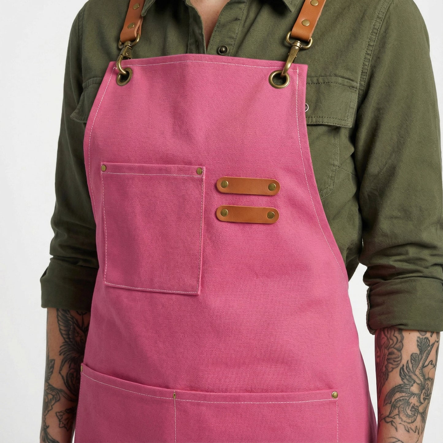 Canvas Apron with Faux Leather Pad 3 Pockets - Hot Pink