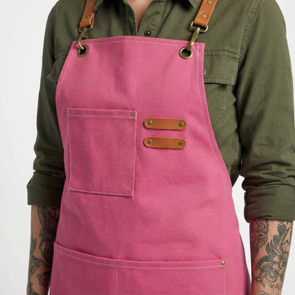 Canvas Apron with Faux Leather Pad 3 Pockets - Hot Pink