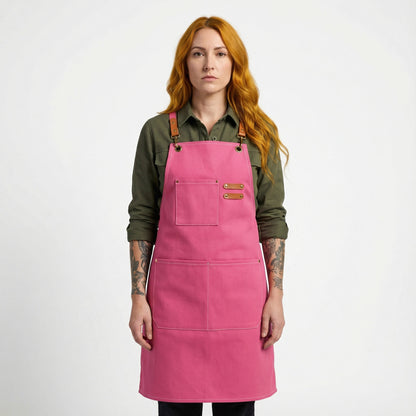 Canvas Apron with Faux Leather Pad 3 Pockets - Hot Pink