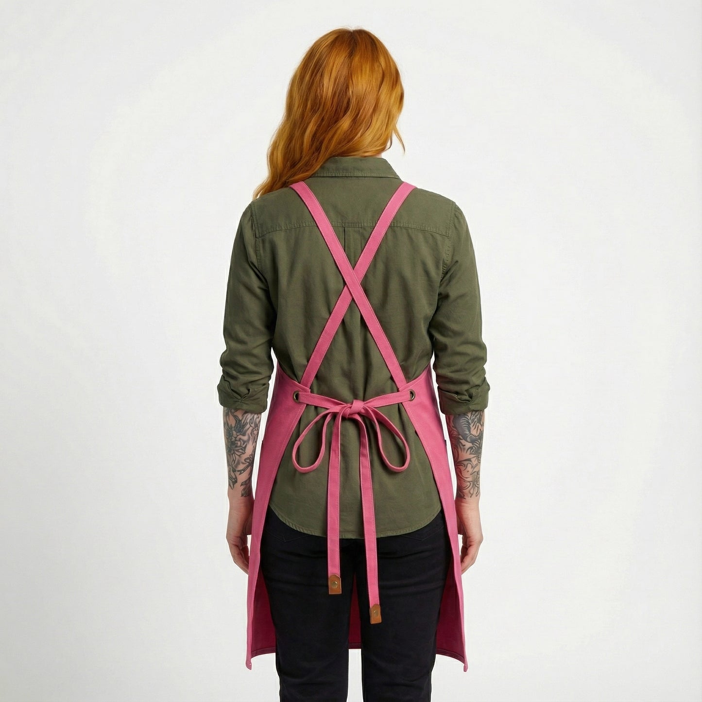 Canvas Apron with Faux Leather Pad 3 Pockets - Hot Pink