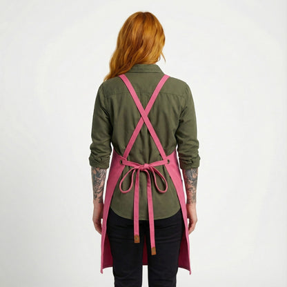 Canvas Apron with Faux Leather Pad 3 Pockets - Hot Pink