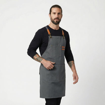 Canvas Apron with Faux Leather Pad 3 Pockets - Grey