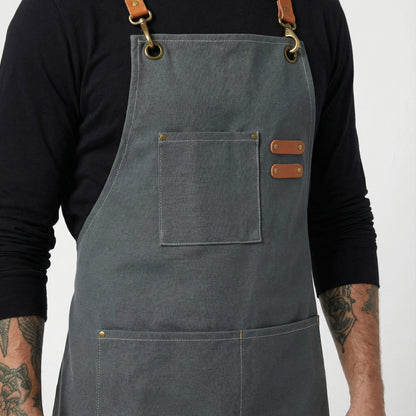 Canvas Apron with Faux Leather Pad 3 Pockets - Grey