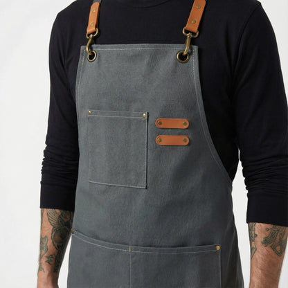 Canvas Apron with Faux Leather Pad 3 Pockets - Grey