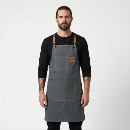 Canvas Apron with Faux Leather Pad 3 Pockets - Grey