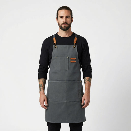 Canvas Apron with Faux Leather Pad 3 Pockets - Grey