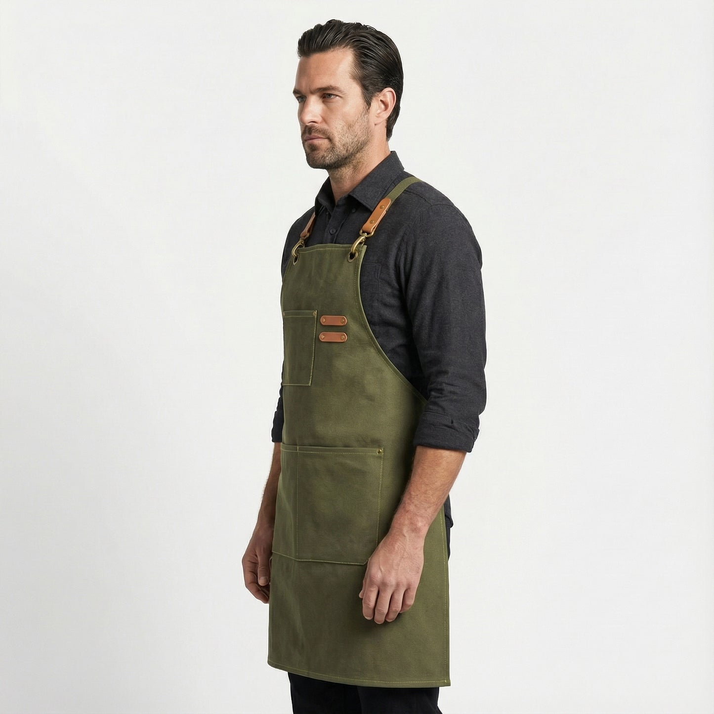 Canvas Apron with Faux Leather Pad 3 Pockets - Olive Green