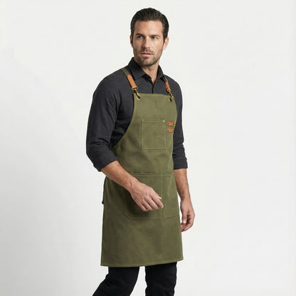 Canvas Apron with Faux Leather Pad 3 Pockets - Olive Green