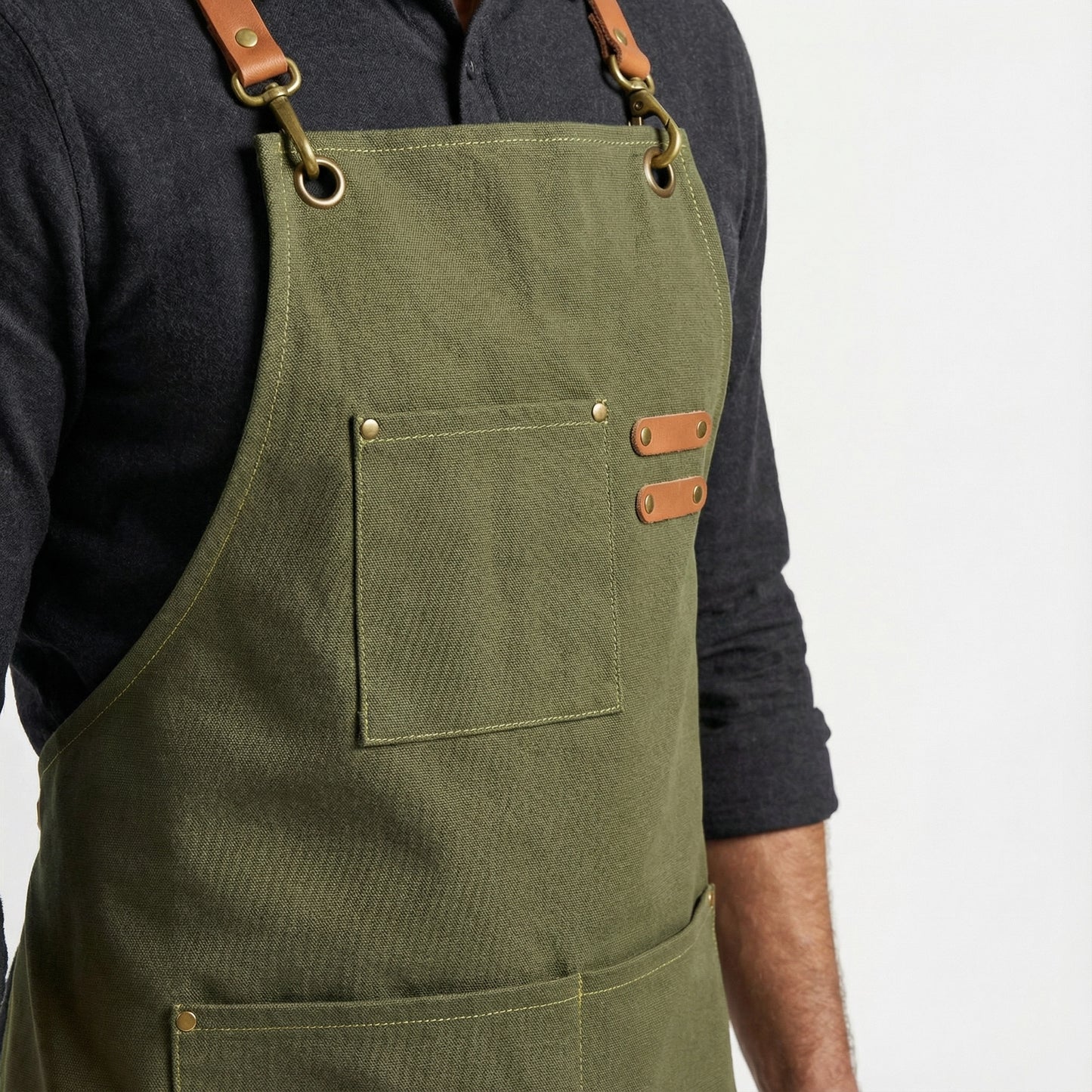 Canvas Apron with Faux Leather Pad 3 Pockets - Olive Green