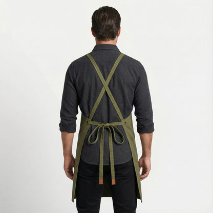 Canvas Apron with Faux Leather Pad 3 Pockets - Olive Green