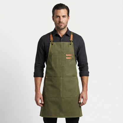 Canvas Apron with Faux Leather Pad 3 Pockets - Olive Green