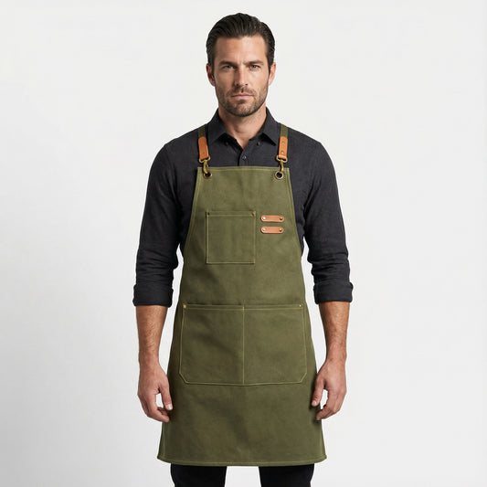 Canvas Apron with Faux Leather Pad 3 Pockets - Olive Green