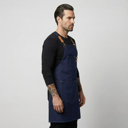 Canvas Apron with Faux Leather Pad 3 Pockets - Navy Blue