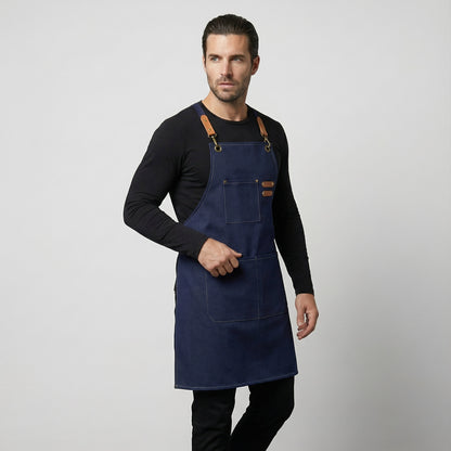 Canvas Apron with Faux Leather Pad 3 Pockets - Navy Blue
