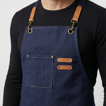 Canvas Apron with Faux Leather Pad 3 Pockets - Navy Blue