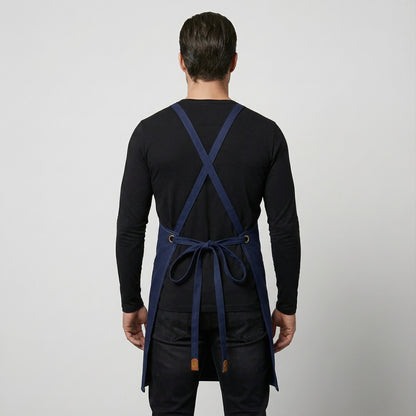 Canvas Apron with Faux Leather Pad 3 Pockets - Navy Blue