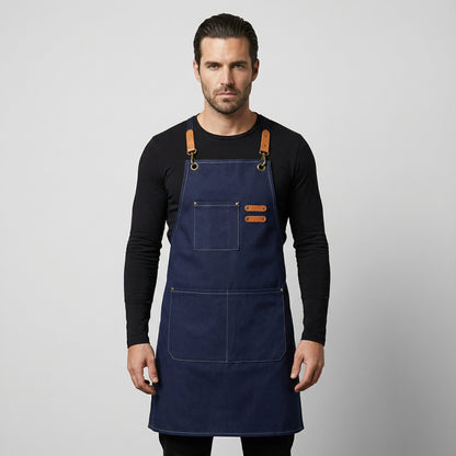 Canvas Apron with Faux Leather Pad 3 Pockets - Navy Blue