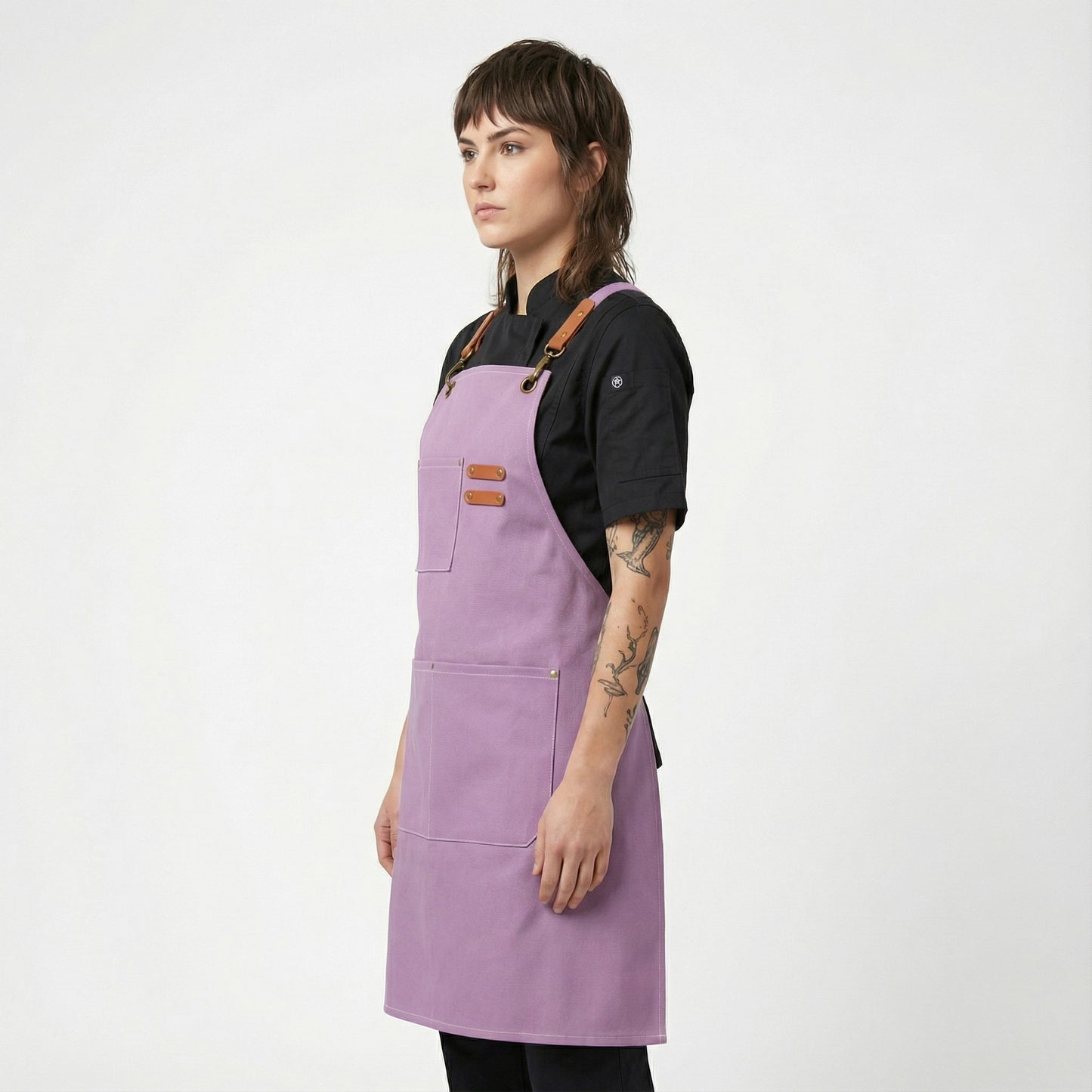Canvas Apron with Faux Leather Pad 3 Pockets - Pastel Purple